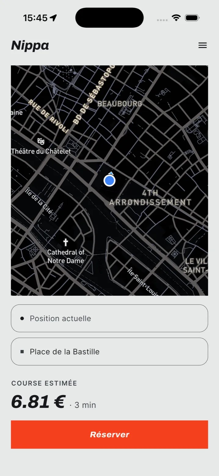 L'estimation affichée dans Nippa avant réservation : Place de la Bastille, 6,81 € pour 3 minutes.