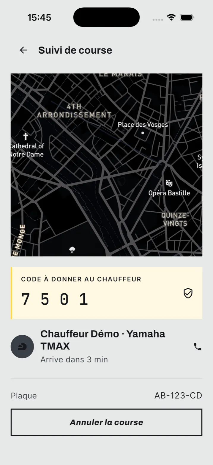 L'écran de suivi Nippa : le code de prise en charge, le nom du chauffeur, son véhicule et sa plaque.